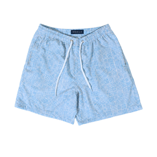 Blaue Fliesenmuster-Badeshorts