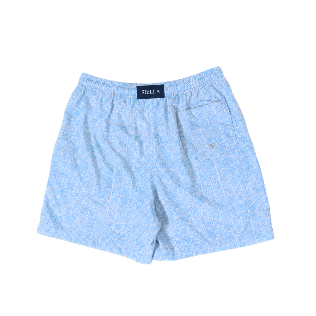 Blaue Fliesenmuster-Badeshorts